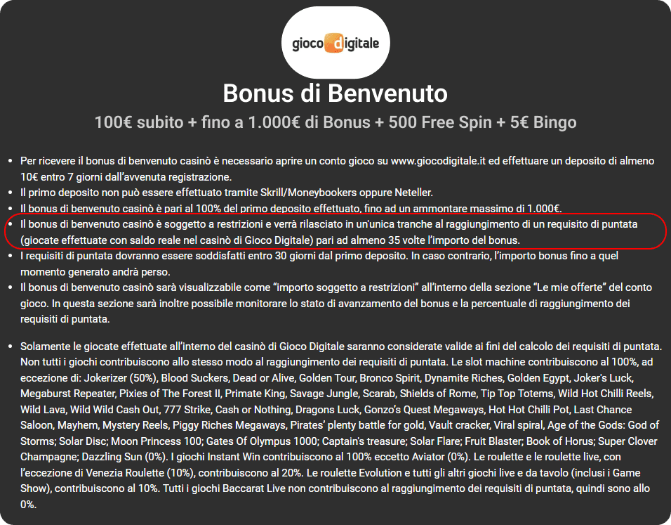 Bonus Casinò Gioco Digitale Bonus di benvenuto Casinò Termini e condizioni di gioco