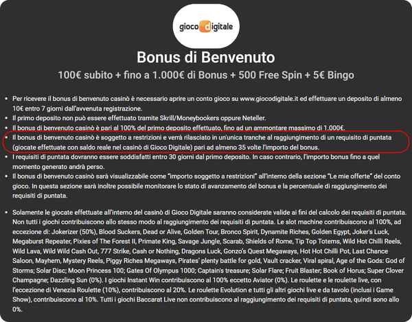 Bonus Casinò Gioco Digitale Bonus di benvenuto Casinò Termini e condizioni di gioco