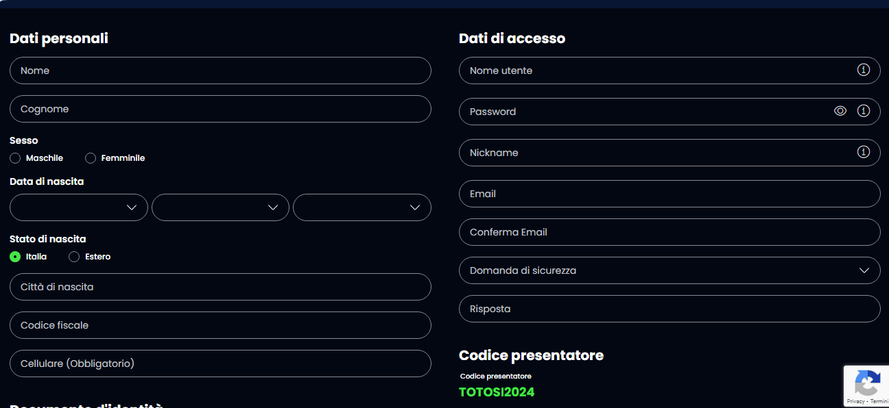 Inserisci i tuoi dati personali per iscriverti su Totosì casinò