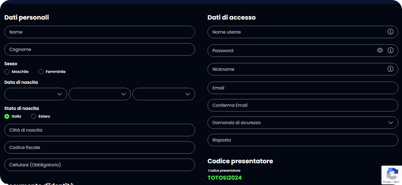 Inserisci i tuoi dati personali per iscriverti su Totosì casinò