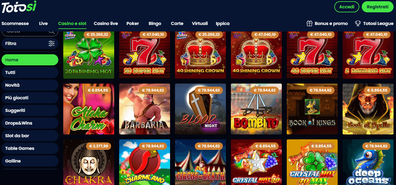 Sulle slot con jackpot di Totosì casinò puoi vincere cifre incredibili