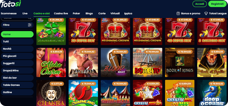 Sulle slot con jackpot di Totosì casinò puoi vincere cifre incredibili