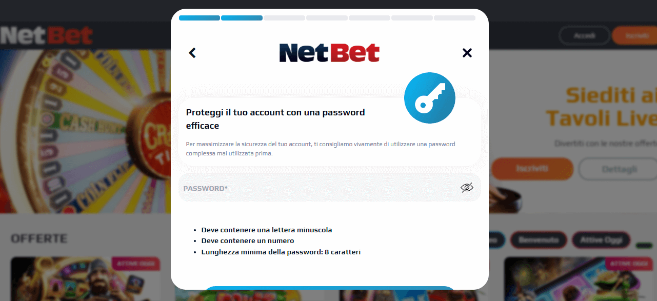Crea una password efficace per il tuo account NetBet casinò online.