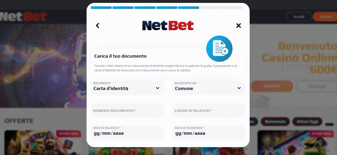 Assicurati di inserire i dati corretti dei tuoi documenti su NetBet.