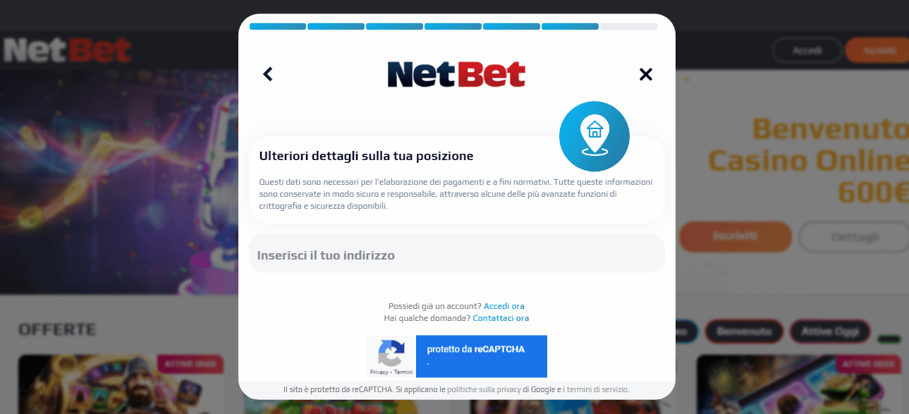 Scrivi il tuo indirizzo di residenza sul form NetBet.