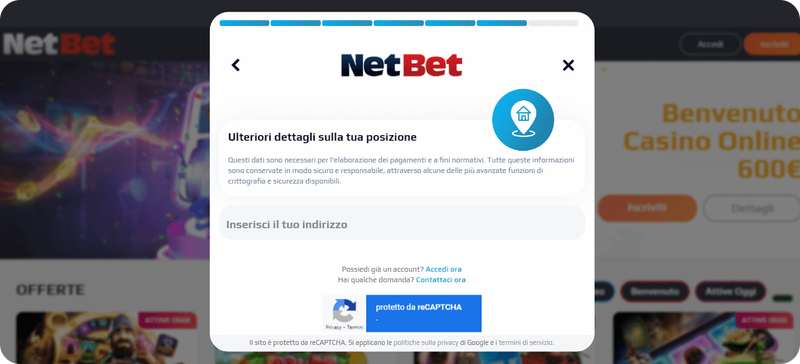 Scrivi il tuo indirizzo di residenza sul form NetBet.