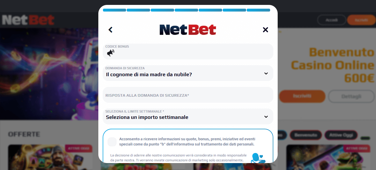 Concludi la tua registrazione su NetBet casinò online.