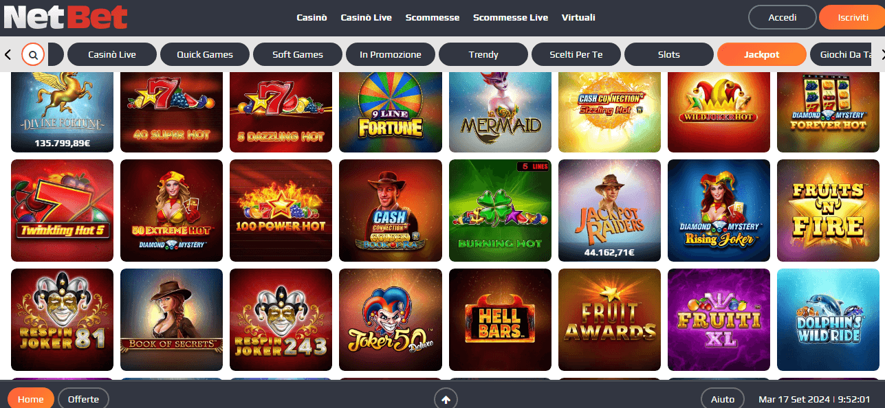 Prova le slot con jackpot di NetBet casinò online per partite più adrenaliniche