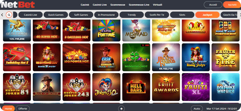 Prova le slot con jackpot di NetBet casinò online per partite più adrenaliniche
