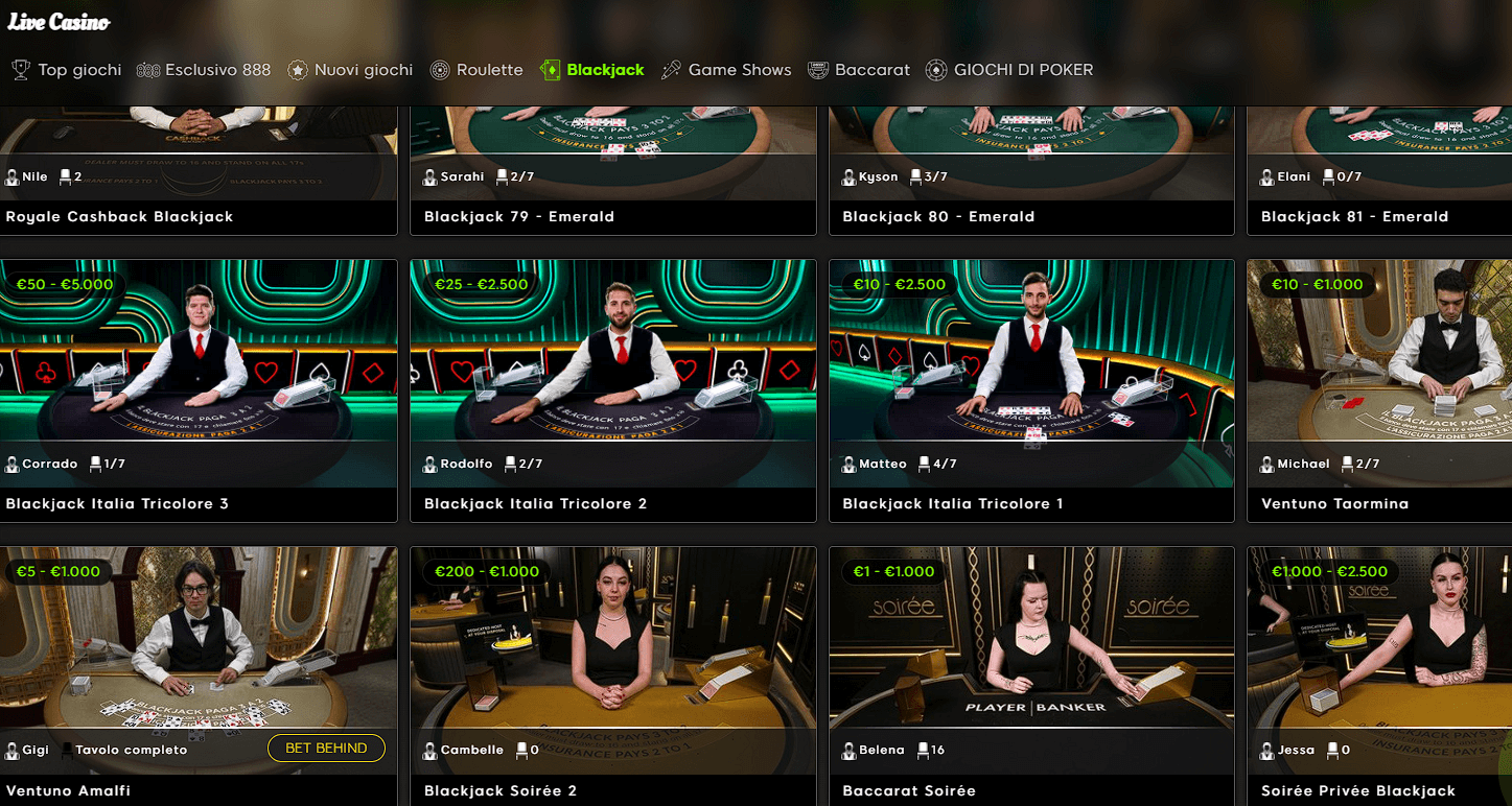 pagina blackjack live su 888 Casinò