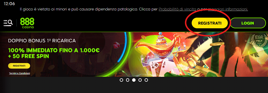Fase 1 pagina di apertura di 888 Casinò