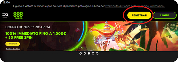 Fase 1 pagina di apertura di 888 Casinò