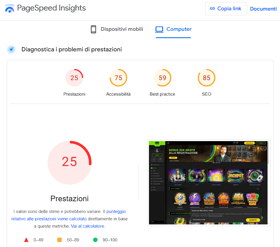 analisi PageSpeed per 888 Casinò