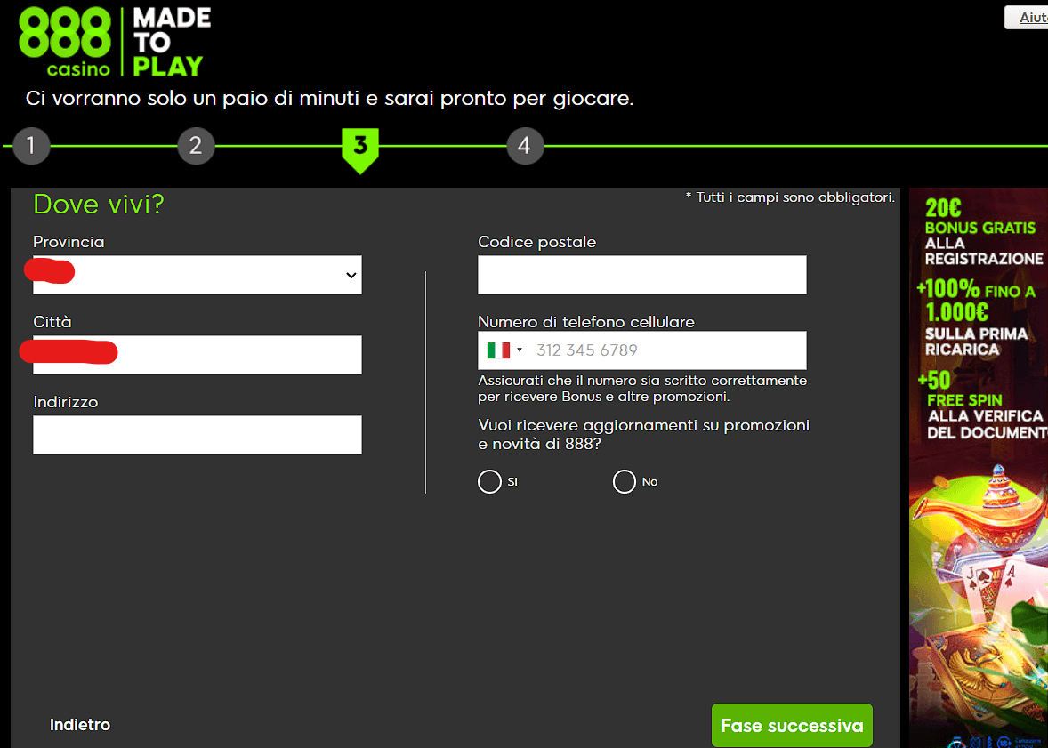 fase 4 di registrazione su 888 Casinò