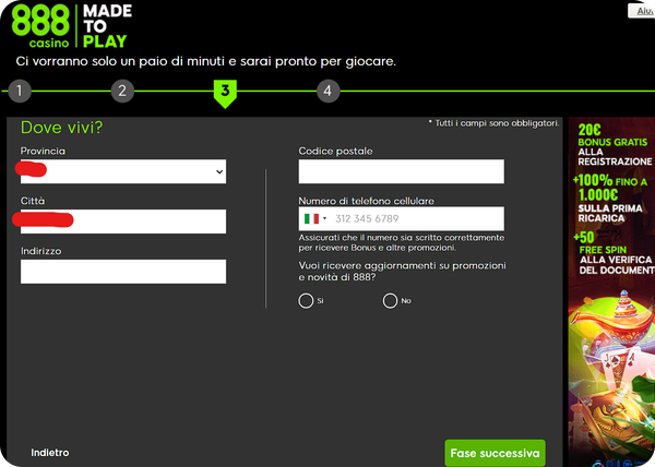 fase 4 di registrazione su 888 Casinò