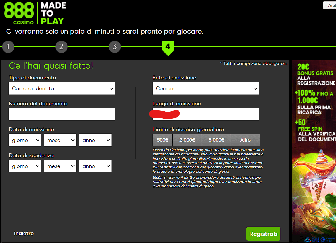 fase 5 registrazione su 888 Casinò