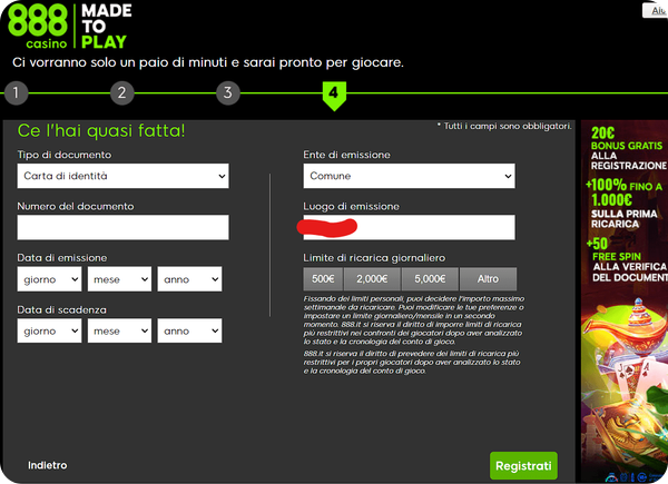 fase 5 registrazione su 888 Casinò
