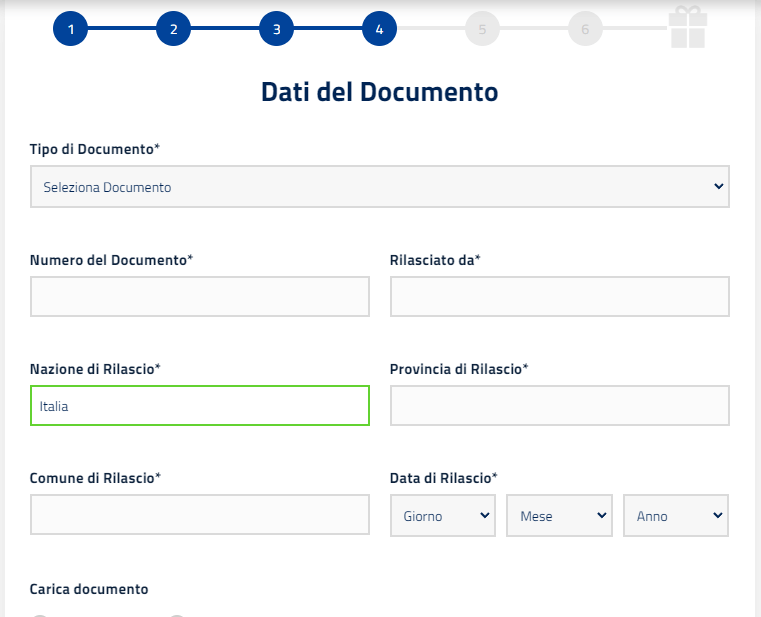 inserimento documento sul sito di AdmiralBet Casinò