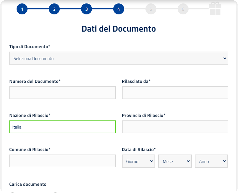 inserimento documento sul sito di AdmiralBet Casinò