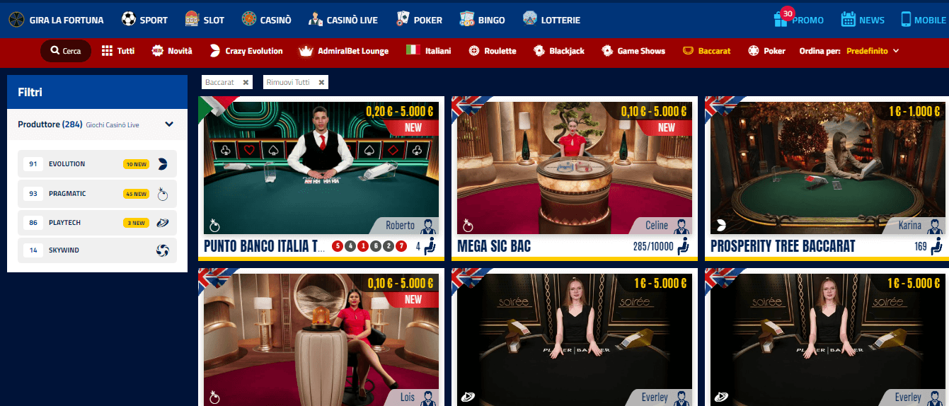 sezione Baccarat su AdmiralBet Casinò