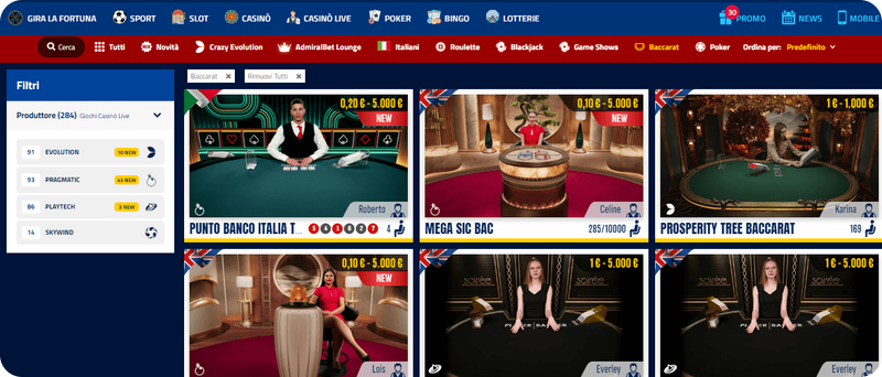 sezione Baccarat su AdmiralBet Casinò