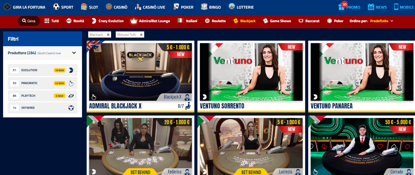 sezione blackjack su AdmiralBet Casinò