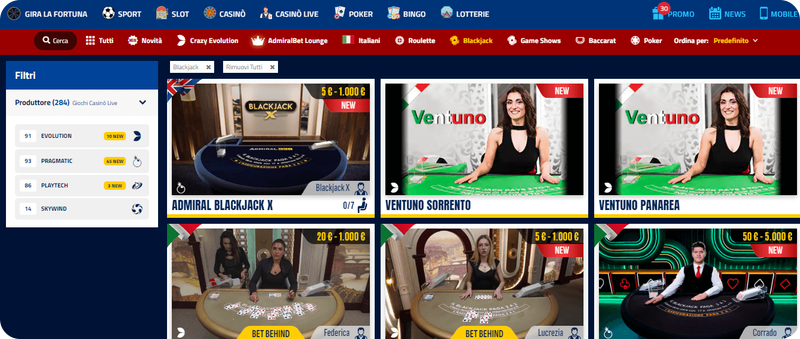 sezione blackjack su AdmiralBet Casinò