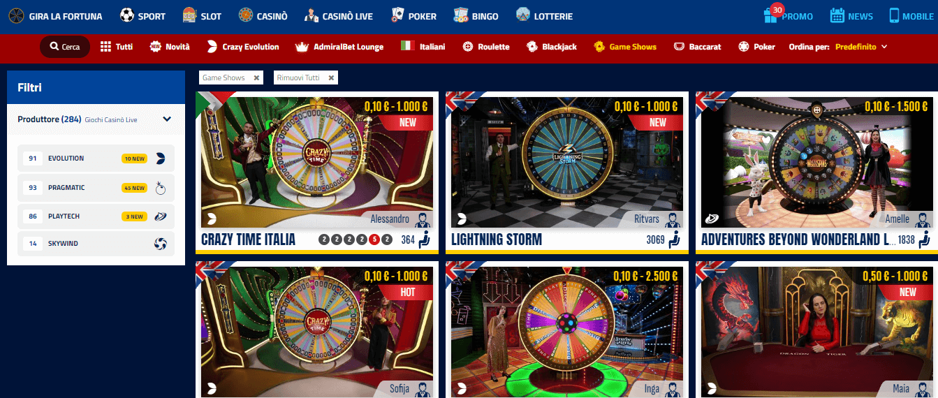sezione live game show su AdmiralBet Casinò