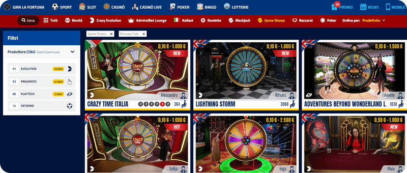 sezione live game show su AdmiralBet Casinò