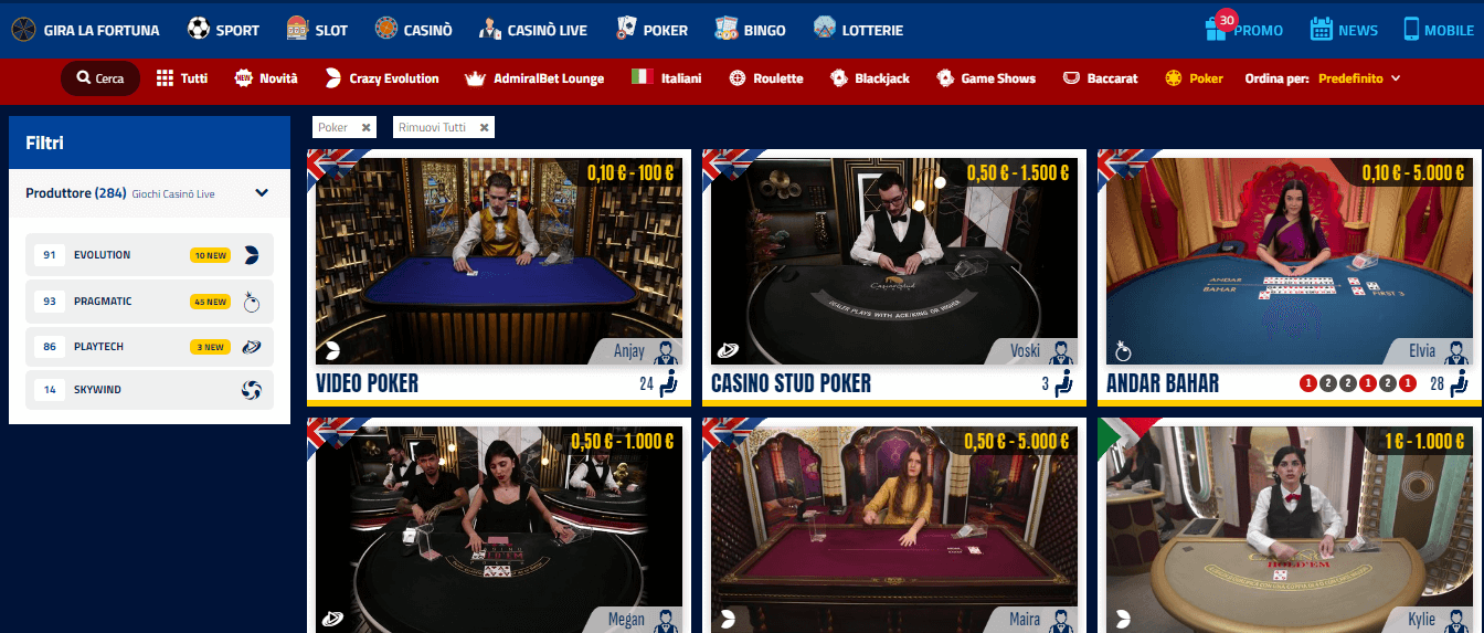 sezione live poker su AdmiralBet Casinò