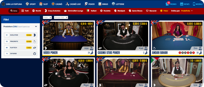 sezione live poker su AdmiralBet Casinò