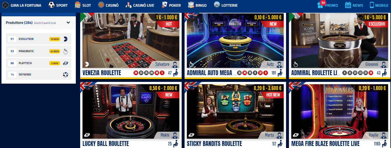sezione live roulette su AdmiralBet Casinò