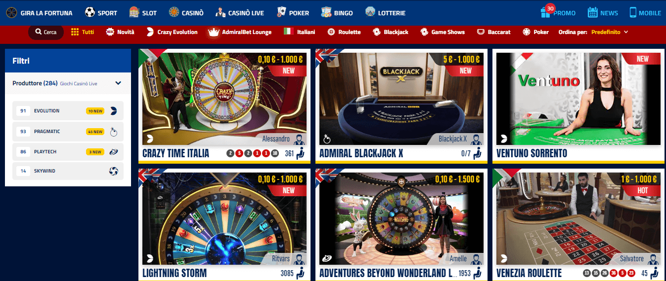 sezione live su AdmiralBet Casinò