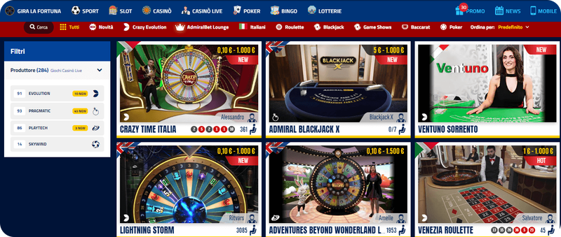 sezione live su AdmiralBet Casinò
