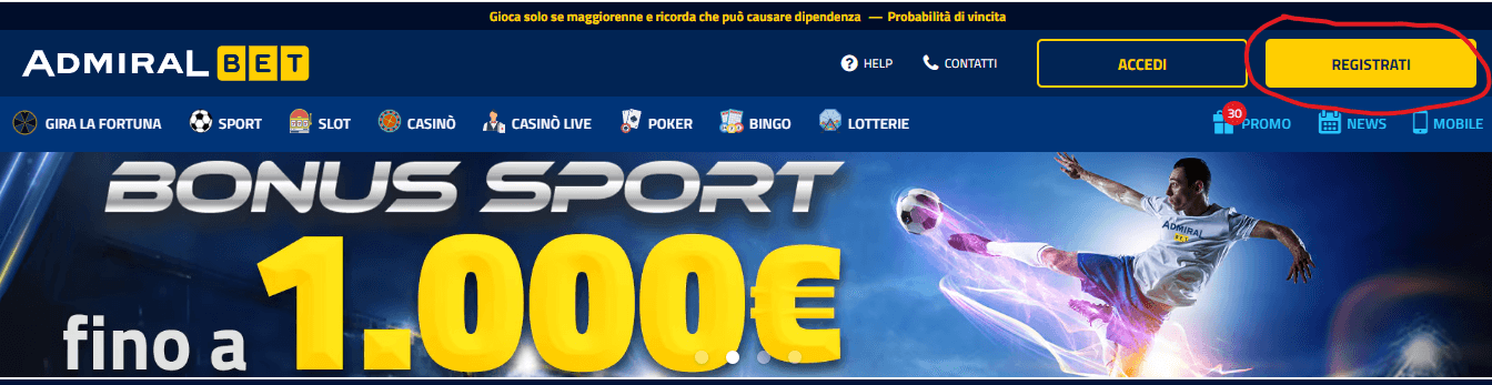pagina di apertura di AdmiralBet Casinò