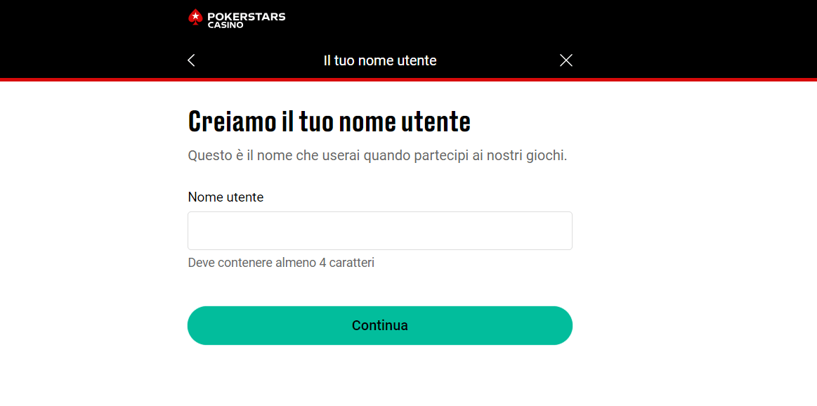 inserimento nome utente Pokerstars Casinò