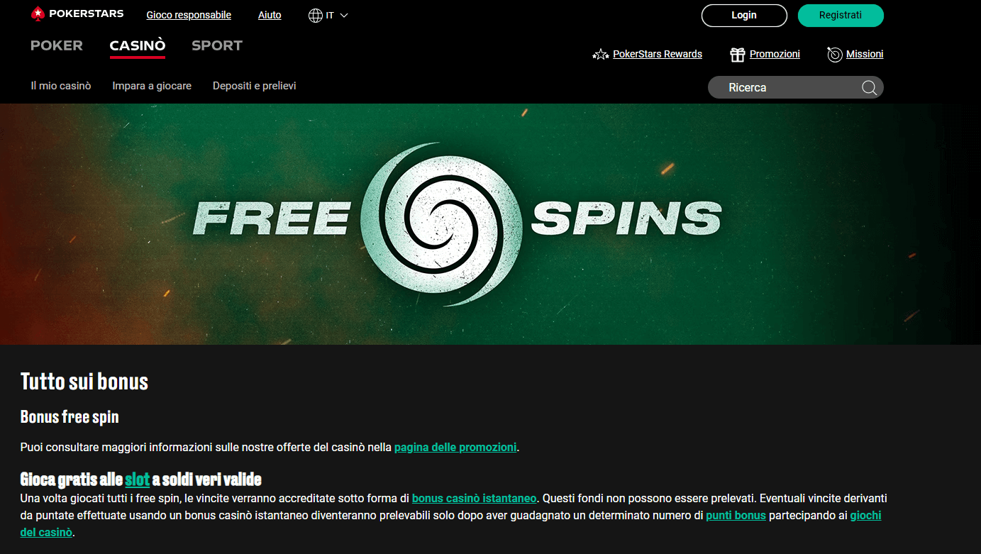 sezione free slot Pokerstars casinò