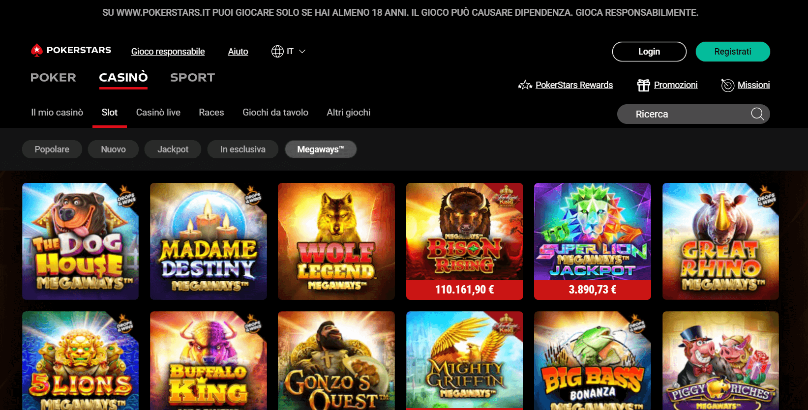 sezione slot megaways Pokerstars casinò