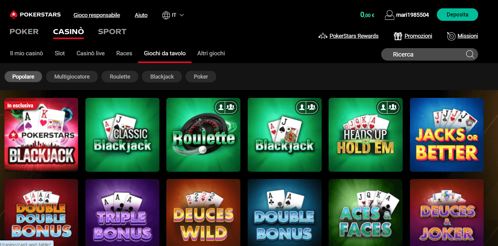 sezione giochi da tavolo Pokerstars casinò