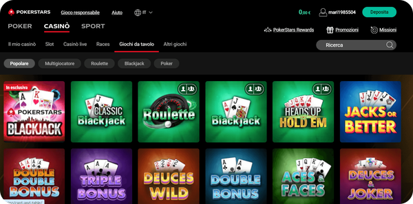 sezione giochi da tavolo Pokerstars casinò