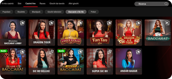 sezione live baccarat Pokerstars casinò