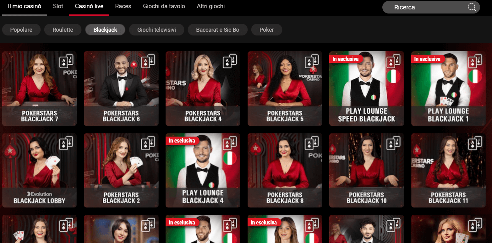 sezione live Blackjack Pokerstars casinò