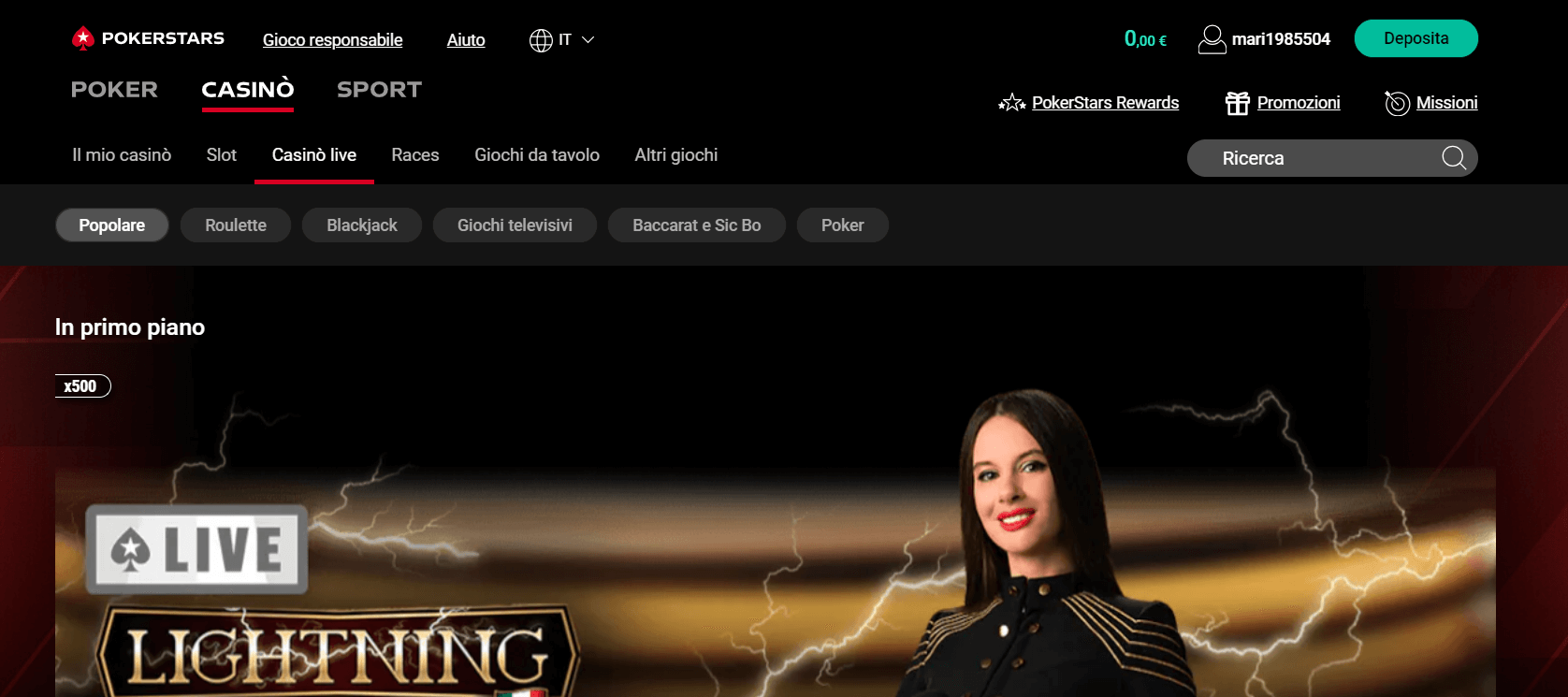 sezione casinò live Pokerstars casinò