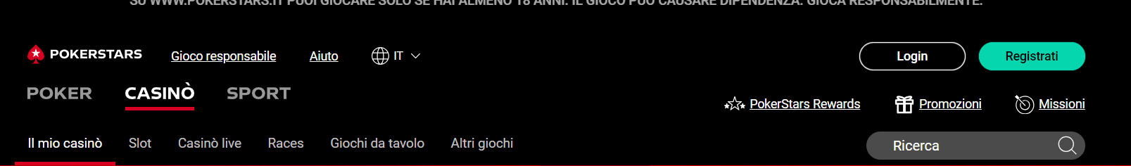 pagina principale Pokerstars Casinò