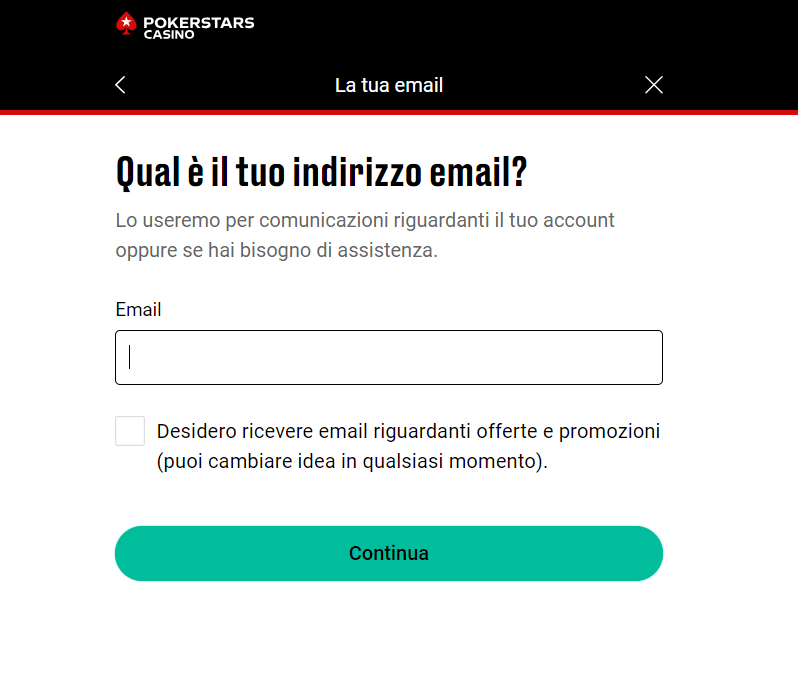 inserimento indirizzo mail Pokerstars Casinò