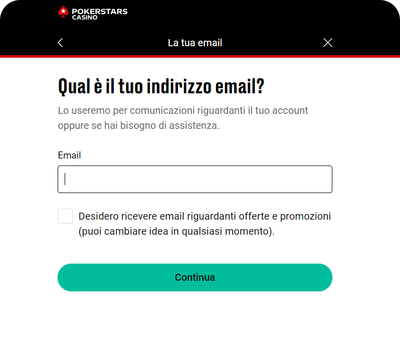 inserimento indirizzo mail Pokerstars Casinò