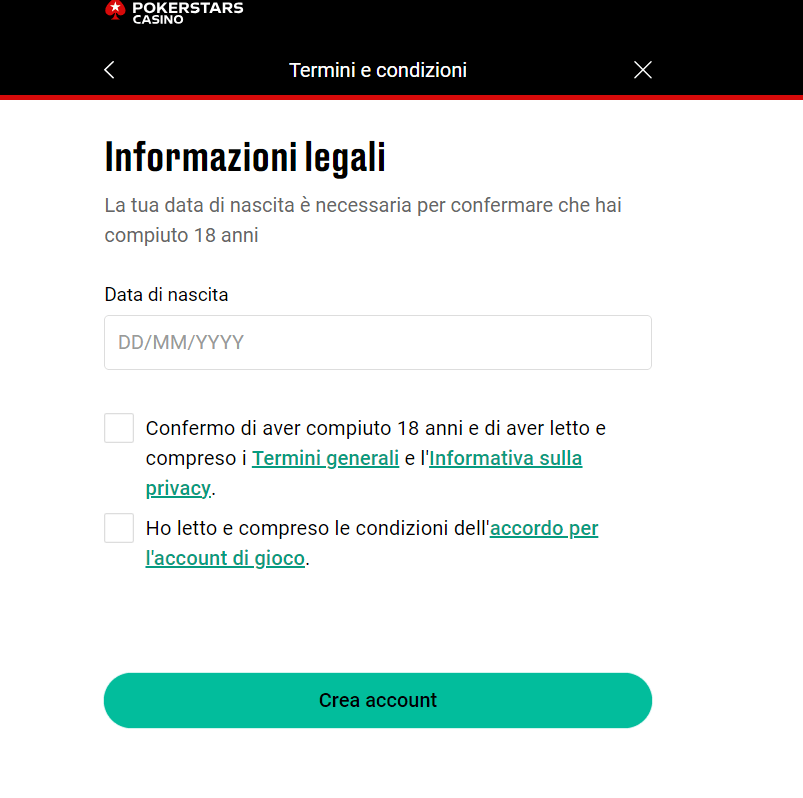 inserimento data di nascita Pokerstars Casinò