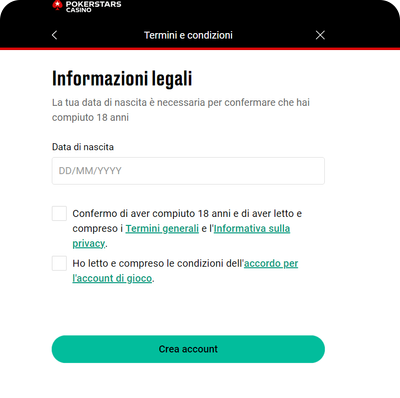 inserimento data di nascita Pokerstars Casinò