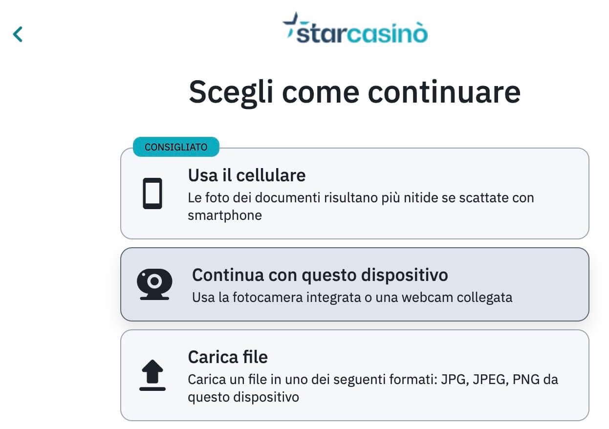 StarCasinò invio foto convalida documento