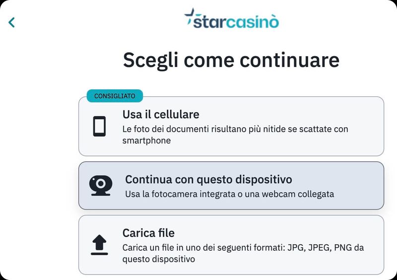 StarCasinò invio foto convalida documento